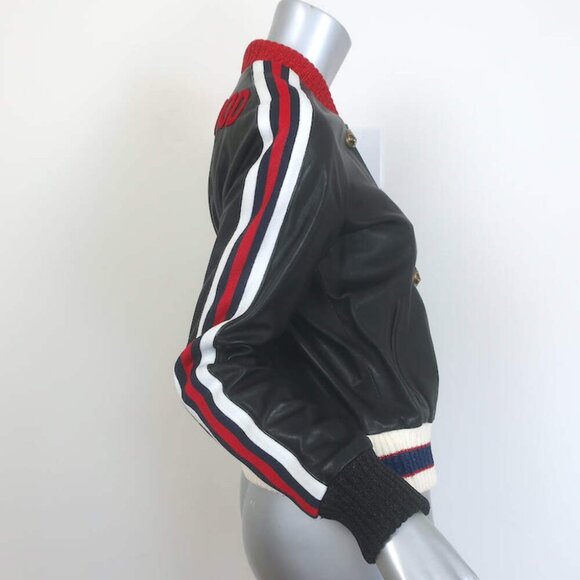 Gucci Hollywood Embroidered Leather Bomber Jacket Black Size 42 - Picture 8 of 14
